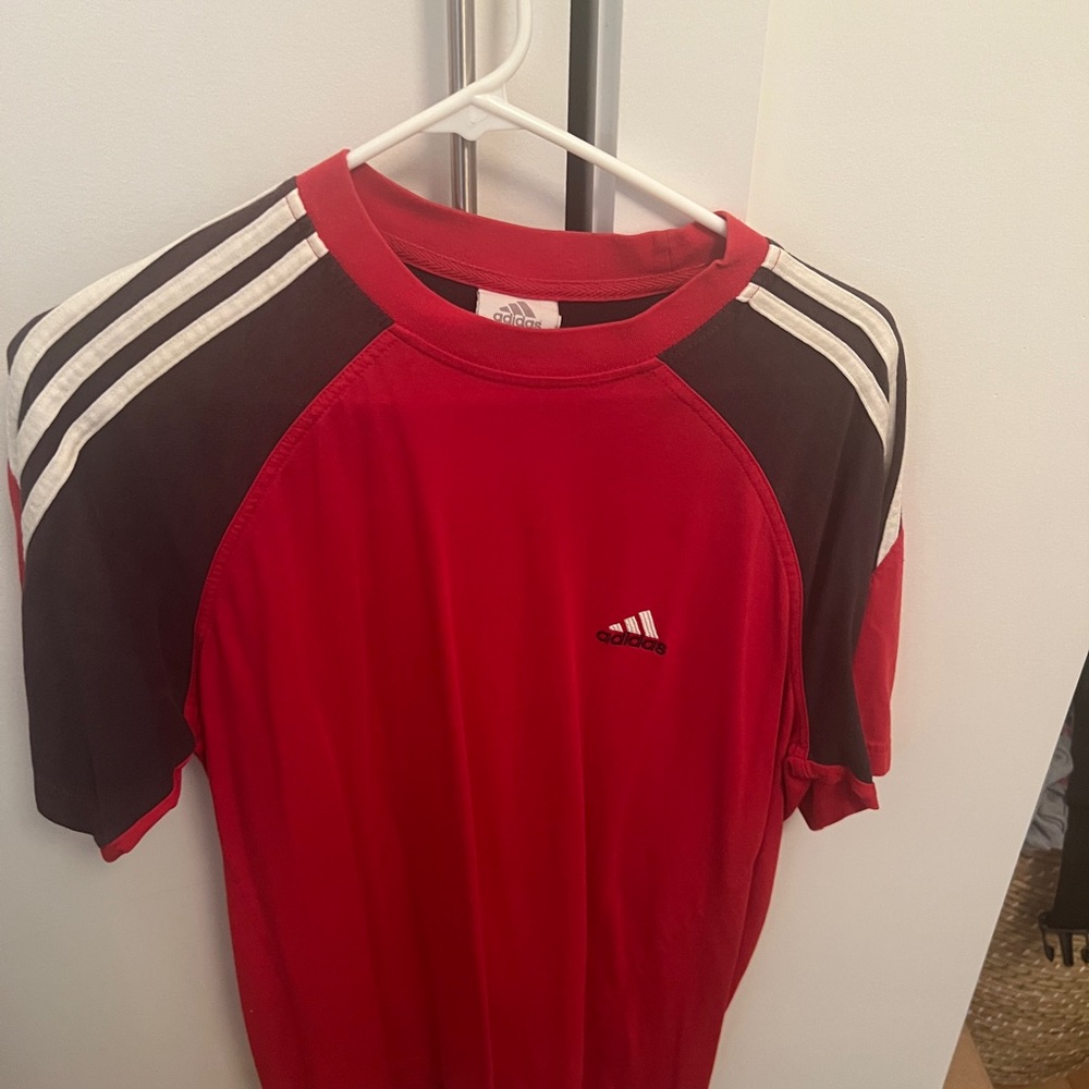Adidas Red and Black Short Sleeve Tee with Raglan Design